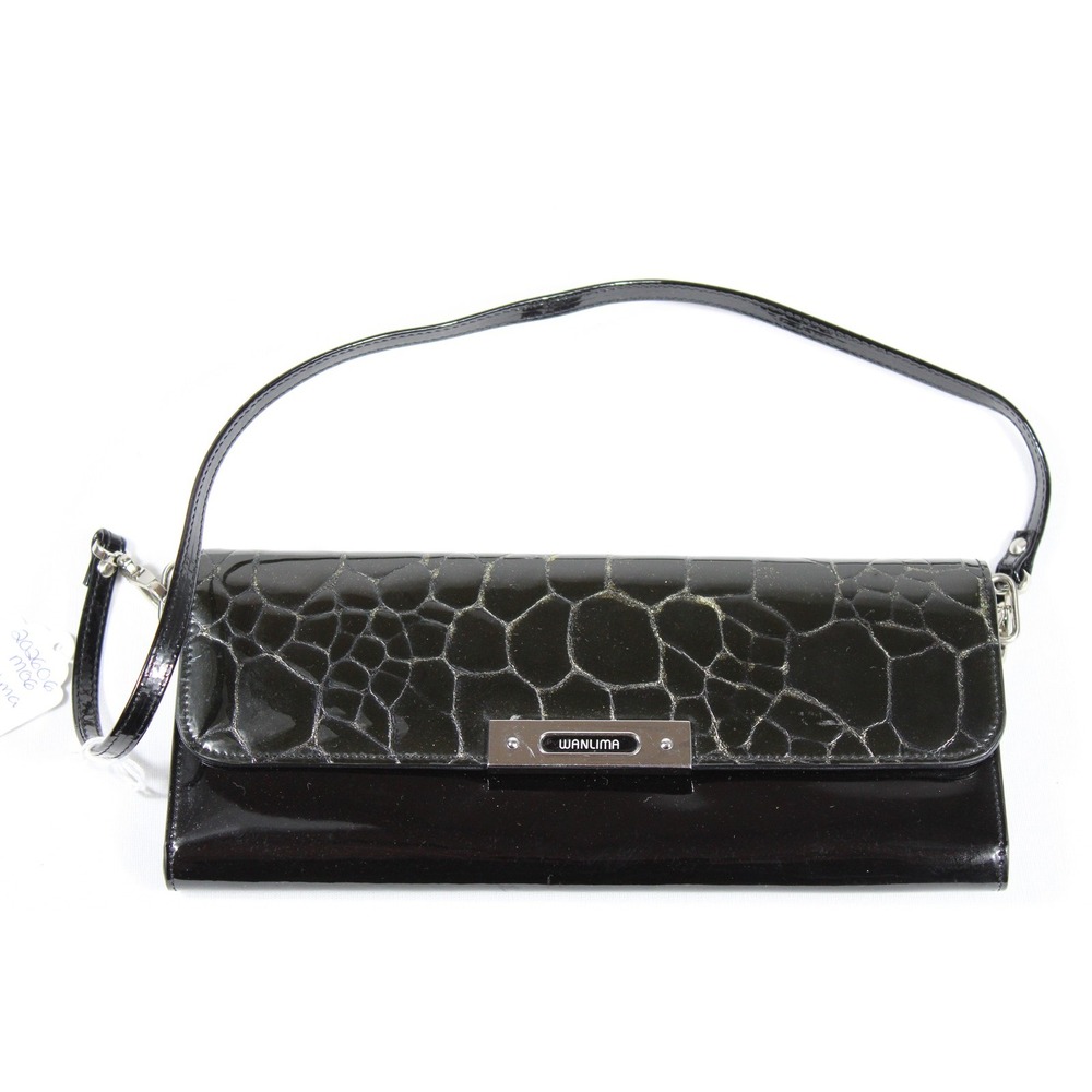 Wanlima Black Patent Croc Embossed Wallet Clutch w/ Strap Organizer Checkbook